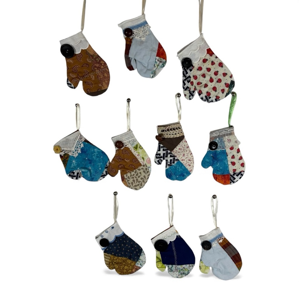 Handmade Upcycled Quilt Mitten Ornaments • Vintage Lace‎ & Buttons • Set of 10